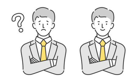 Business person posing with arms crossed, thinking and worriedのイラスト素材