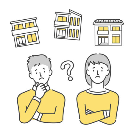 Couples worried about choosing their own home, men and women considering buying a detached houseのイラスト素材