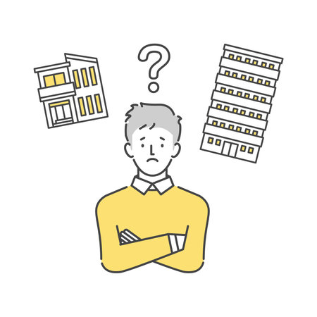 Man comparing a house and an apartmentのイラスト素材