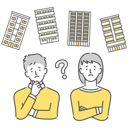 Couples worried about choosing an apartment, men and women considering buying an apartmentのイラスト素材