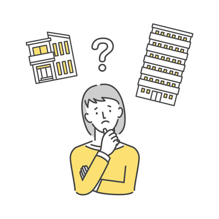 Woman comparing a house and an apartmentのイラスト素材