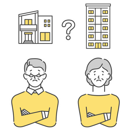 Senior generation worried about buying detached houses, condominiums, and rebuildingのイラスト素材