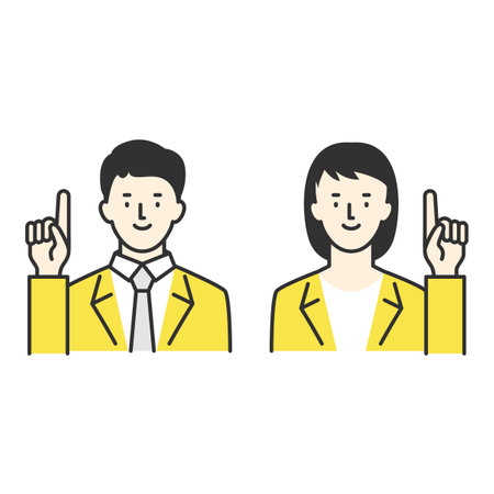 Businessman man and woman pointing and posing with cheerful expressionのイラスト素材