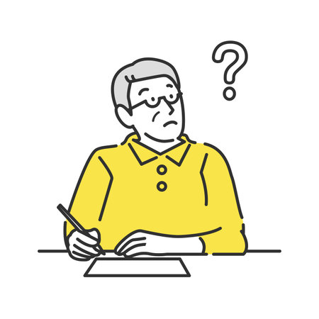 Illustration of a senior man writing while thinkingのイラスト素材