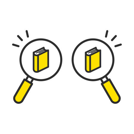 Magnifying glass icon to search for books. Library search. Find a book icon.のイラスト素材