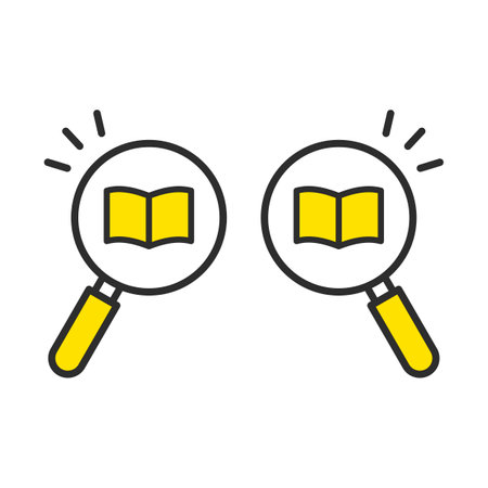 Magnifying glass icon to find books. Paged search. Index search.のイラスト素材