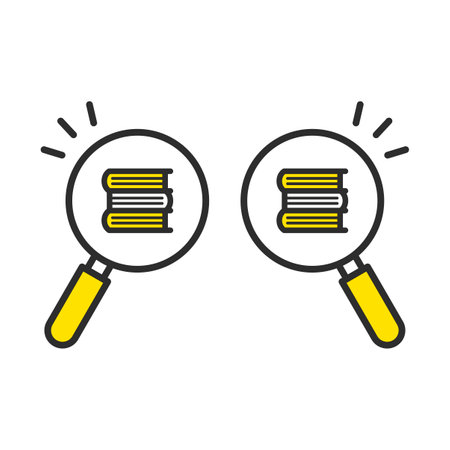 Magnifying glass icon to search for multiple books. Search for materials. Search for reference books.のイラスト素材