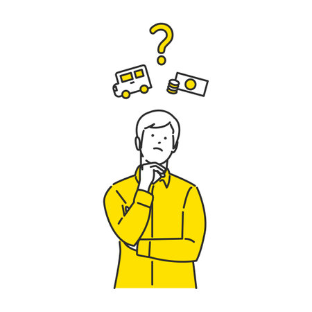Illustration of a man considering buying a carのイラスト素材