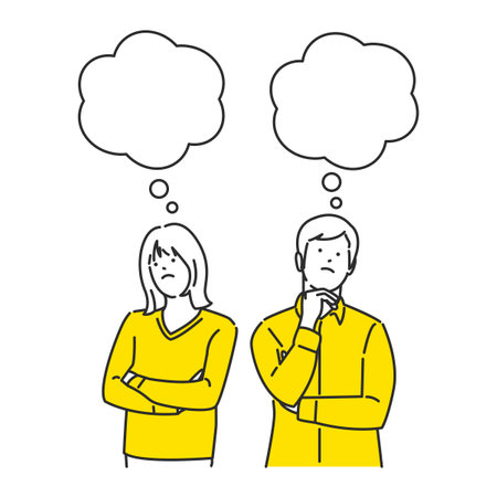 Illustration of a couple thinking about each other's thoughts speech bubblesのイラスト素材