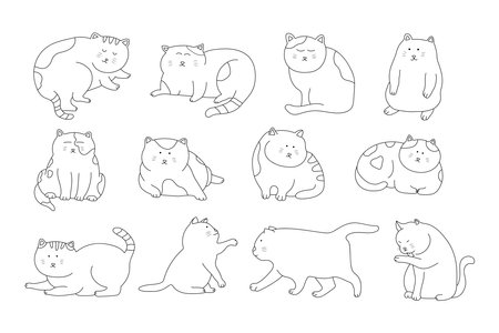 hand drawn Vector illustration set of cute cats icon in doodle styleのイラスト素材
