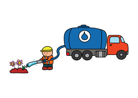 vector illustration of Hand drawn color children construction worker watering plants with water tank truck by wordspotrayalのイラスト素材