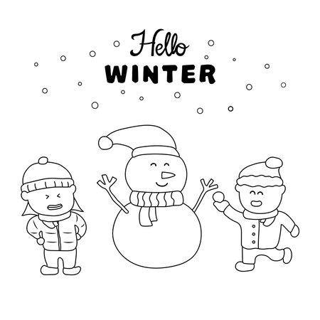 Hand drawn vector illustration of a group of children in winter clothes with snowman. Lettering Hello winter.のイラスト素材