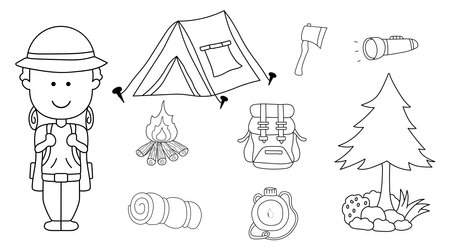 Hand drawn Set of camping supplies. Cute little kid is camping into the wild. Children adventure camping tools by wordspotrayalのイラスト素材