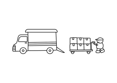 Hand drawn color children pickup truck with delivery courier man by wordspotrayalのイラスト素材