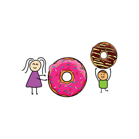 Kids drawing style funny girl and boy playing with doughnuts in a cartoon style by wordspotrayalのイラスト素材
