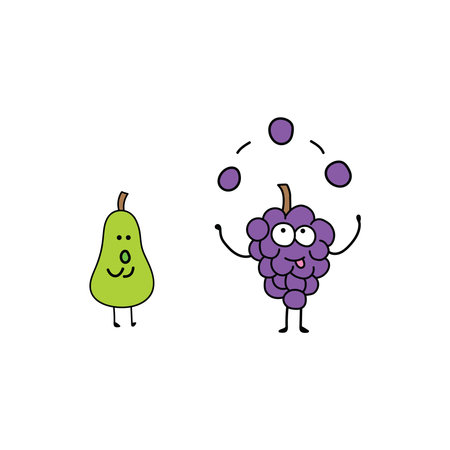 Kids drawing style funny fruits grapes juggling with pear watching it in a cartoon style by wordspotrayalのイラスト素材