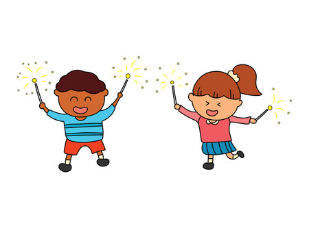 kids drawing Vector illustration of kids having fun playing fireworksのイラスト素材
