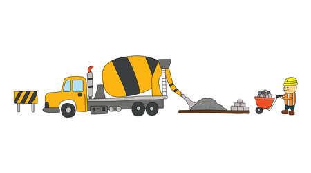 color children construction set cement mixer truck pouring cement with construction worker pushing wheelbarrow. Cute heavy duty construction transport vehiclesのイラスト素材