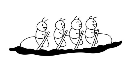 Hand drawn illustration vector graphic Kids drawing style funny cute ants ride a long bread kayak boat in a cartoon style by wordspotrayalのイラスト素材