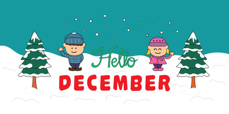 Cute cartoon kids with lettering hello december. Vector illustration.のイラスト素材