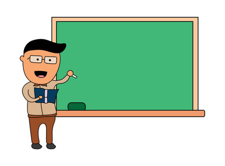 Vector Illustration Teacher with books and chalkboard, Vector flat design illustration isolated on white background. by wordspotrayalのイラスト素材