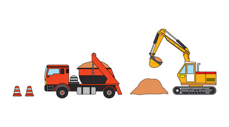 clip art color children set of construction mini excavator, dump truck, and traffic conesのイラスト素材