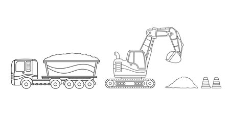 Hand drawn Vector illustration color children construction mini excavator, dump truck, and traffic conesのイラスト素材