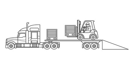 Hand drawn Vector illustration color children construction trailer truck with forklift and boxesのイラスト素材