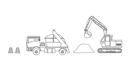 Hand drawn clip art color children set of construction mini excavator, dump truck, and traffic conesのイラスト素材