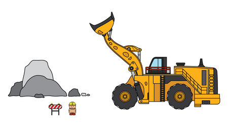 Vector illustration color children construction large wheel loader with big rocks and construction...