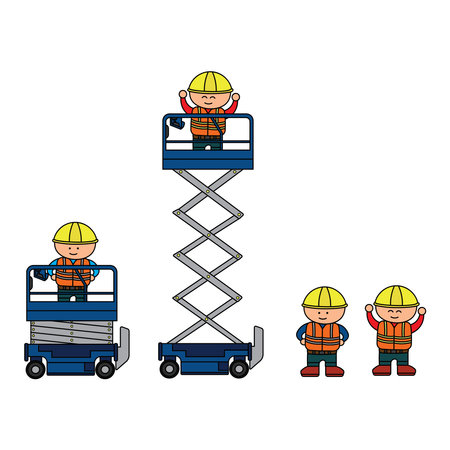 Vector illustration color children construction workers and mini scissor lift construction machine clipart by wordspotrayalのイラスト素材