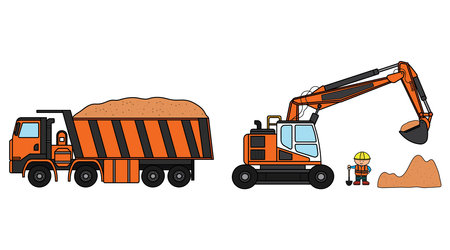 Vector illustration color children construction site with excavator dump truck and construction worker clipart by wordspotrayalのイラスト素材