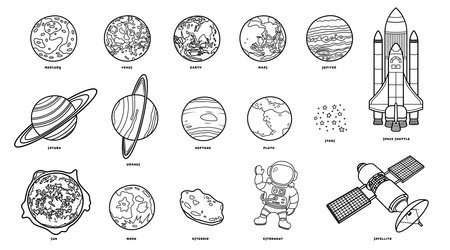 Hand drawn Vector illustration color children cartoon solar system planets, asteroid, stars, astronaut, satellite and space shuttle. Astronomy vector icons set clipart by wordspotrayalのイラスト素材