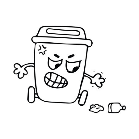 Vector illustration of a trash can with a crying face. Doodle style.のイラスト素材