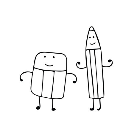 Cute pencil and eraser. Hand drawn vector illustration in doodle style.のイラスト素材