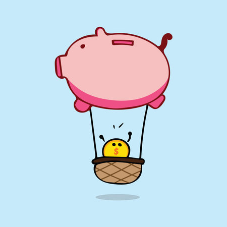 funny hot air balloon piggybank with coin vector Cartoon Mascot Character Vector illustration color children cartoon clipart by wordspotrayalのイラスト素材