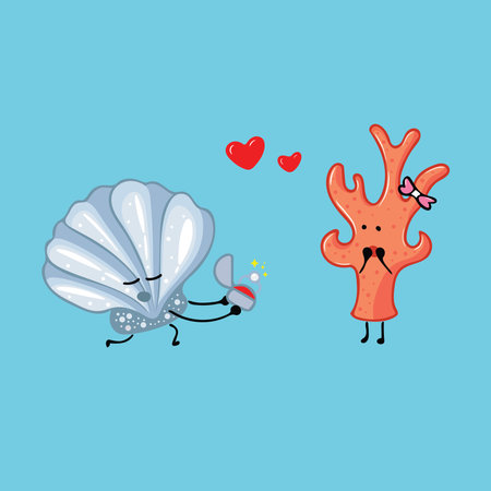 cute oyster gives coral a pearl ring Mascot Character Vector illustration color children cartoon clipartのイラスト素材