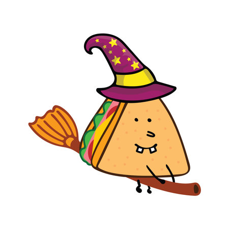 cute sandwich dressed as a witch rides a flying broom by wordspotrayalのイラスト素材