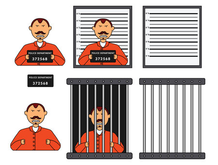 Prisoner Man Vector. Convict Mugshot. Illustration of Criminal Man Arrested And Locked in jail. Isolated Flat  Character Illustrationのイラスト素材