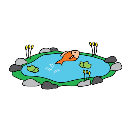 Kids drawing Cartoon Vector illustration cute fish jumps into pond icon Isolated on White Backgroundのイラスト素材