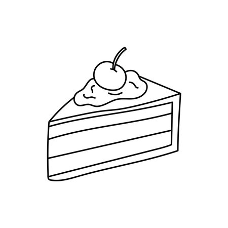 Hand drawn Kids drawing Cartoon Vector illustration cake slice witch cream and cherry icon Isolated on White Backgroundのイラスト素材