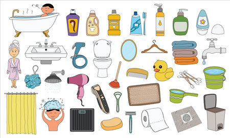 Kids drawing Cartoon Vector illustration Set of bathroom elements icon in doodle styleのイラスト素材