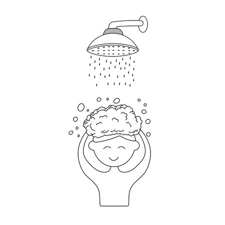 Hand drawn Cartoon Vector illustration boy washing his hair icon in doodle styleのイラスト素材