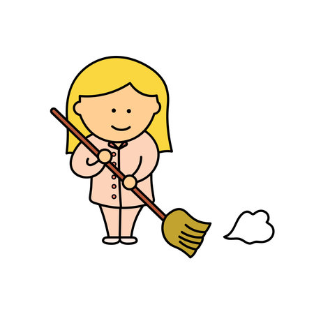Kids drawing Cartoon Vector illustration cute girl sweeping icon Isolated on White Backgroundのイラスト素材