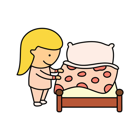 Kids drawing Cartoon Vector illustration cute girl making a bed icon Isolated on White Backgroundのイラスト素材