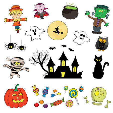 Stock Illustration of halloween collection vector flat cartoon isolated set in doodle styleのイラスト素材
