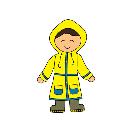 Kids drawing Cartoon Vector illustration cute boy wearing raincoat icon Isolated on White Backgroundのイラスト素材