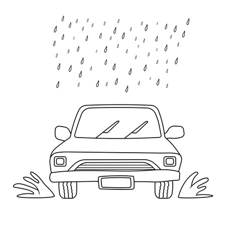 Hand drawn Kids drawing Cartoon Vector illustration car in the rain icon Isolated on White Backgroundのイラスト素材