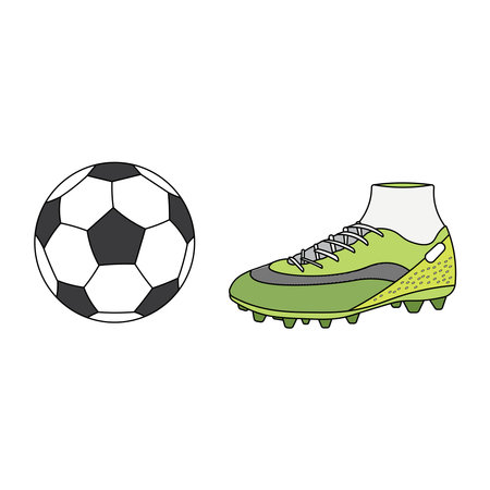 Hand drawn Cartoon Vector illustration soccer ball and sport shoe icon Isolated on White Backgroundのイラスト素材