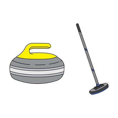 Cartoon Vector illustration curling sport, rock, and broom icon Isolated on White Backgroundのイラスト素材